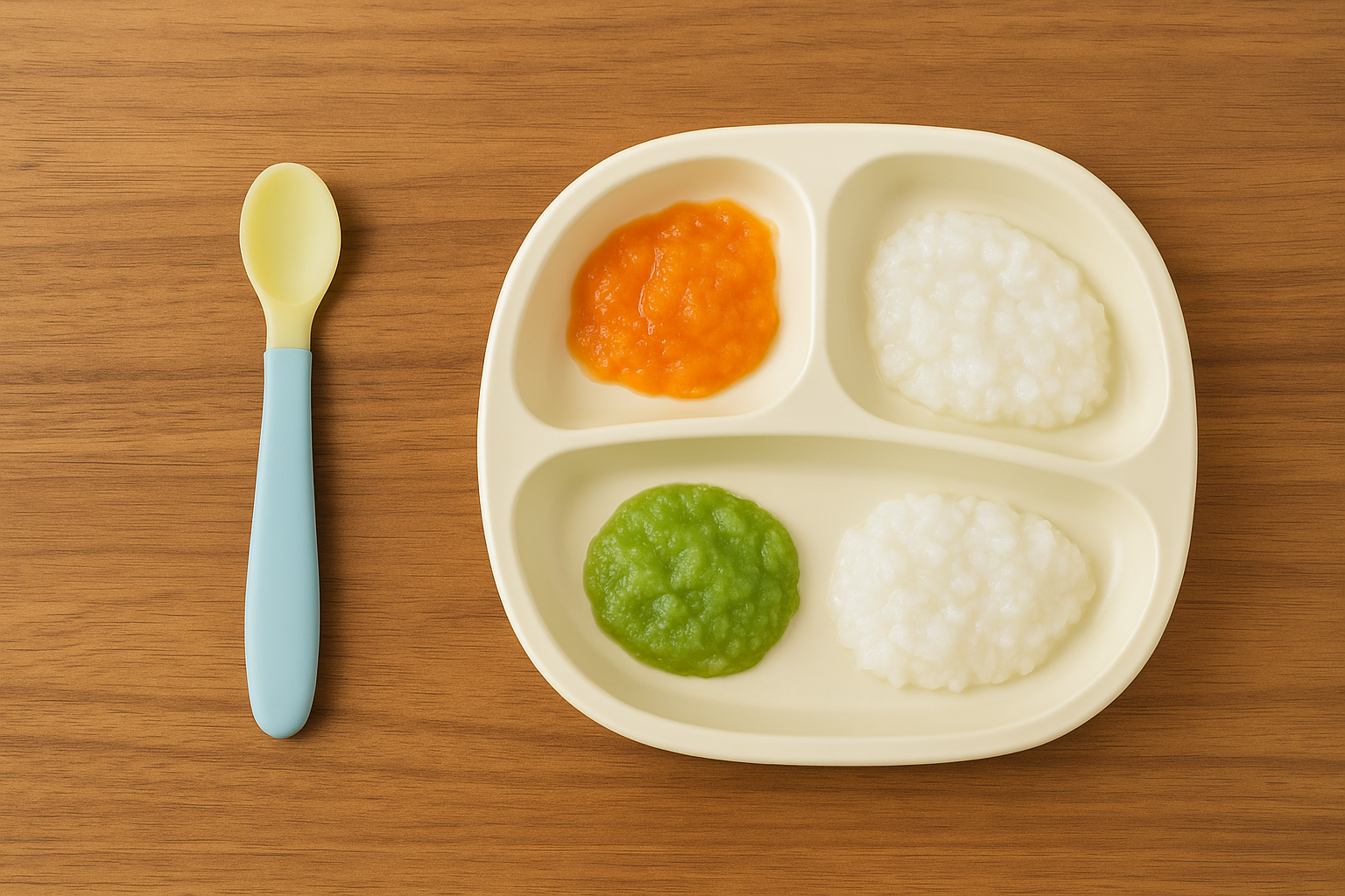木のテーブルの上に並ぶ赤ちゃん用スプーンと離乳食プレート